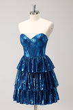 Sparkly Peacock Blue A Line Sweetheart Corset Tiered Metallic Homecoming Dress with Lace Up Back