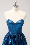 Sparkly Peacock Blue A Line Sweetheart Corset Tiered Metallic Homecoming Dress with Lace Up Back