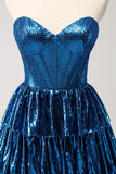 Sparkly Peacock Blue A Line Sweetheart Corset Tiered Metallic Homecoming Dress with Lace Up Back