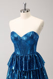 Sparkly Peacock Blue A Line Sweetheart Corset Tiered Metallic Homecoming Dress with Lace Up Back