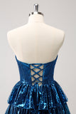 Sparkly Peacock Blue A Line Sweetheart Corset Tiered Metallic Homecoming Dress with Lace Up Back