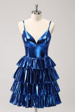 Sparkly Ink Blue A Line Corset Tiered Metallic Homecoming Dress with Ruffles