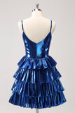 Sparkly Ink Blue A Line Corset Tiered Metallic Homecoming Dress with Ruffles