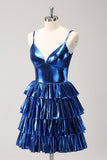 Sparkly Ink Blue A Line Corset Tiered Metallic Homecoming Dress with Ruffles