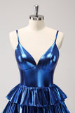 Sparkly Ink Blue A Line Corset Tiered Metallic Homecoming Dress with Ruffles