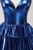 Sparkly Ink Blue A Line Corset Tiered Metallic Homecoming Dress with Ruffles