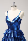 Sparkly Ink Blue A Line Corset Tiered Metallic Homecoming Dress with Ruffles