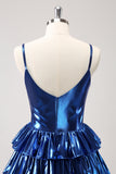 Sparkly Ink Blue A Line Corset Tiered Metallic Homecoming Dress with Ruffles