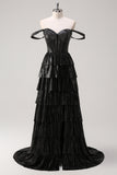 Black Silver A Line Off The Shoulder Tiered Long Prom Dress With Beading