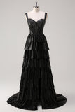 Black Silver A Line Off The Shoulder Tiered Long Prom Dress With Beading