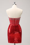 Glitter Red Tight Strapless Sequin Corset Slit Short Homecoming Dress with Beading