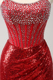 Glitter Red Tight Strapless Sequin Corset Slit Short Homecoming Dress with Beading