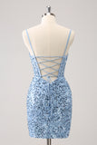 Stylish Blue Bodycon Spaghetti Straps Corset Short Homecoming Dress with Sequins