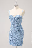 Stylish Blue Bodycon Spaghetti Straps Corset Short Homecoming Dress with Sequins