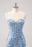 Stylish Blue Bodycon Spaghetti Straps Corset Short Homecoming Dress with Sequins