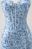 Stylish Blue Bodycon Spaghetti Straps Corset Short Homecoming Dress with Sequins