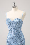 Stylish Blue Bodycon Spaghetti Straps Corset Short Homecoming Dress with Sequins