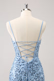 Stylish Blue Bodycon Spaghetti Straps Corset Short Homecoming Dress with Sequins