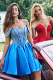 Cute Blue A Line Off The Shoulder Corset Homecoming Dress with Beading