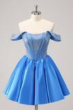 Cute Blue A Line Off The Shoulder Corset Homecoming Dress with Beading