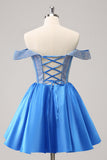 Sparkly Blue A Line Off The Shoulder Corset Short Cute Homecoming Dress with Beading