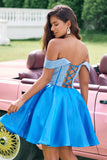 Sparkly Blue A Line Off The Shoulder Corset Short Cute Homecoming Dress with Beading