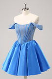 Cute Blue A Line Off The Shoulder Corset Homecoming Dress with Beading