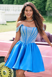 Sparkly Blue A Line Off The Shoulder Corset Short Cute Homecoming Dress with Beading