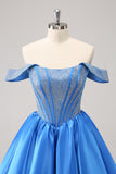 Cute Blue A Line Off The Shoulder Corset Homecoming Dress with Beading