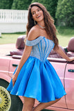 Sparkly Blue A Line Off The Shoulder Corset Short Cute Homecoming Dress with Beading