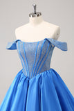 Cute Blue A Line Off The Shoulder Corset Homecoming Dress with Beading