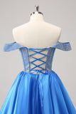 Cute Blue A Line Off The Shoulder Corset Homecoming Dress with Beading