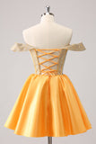 Cute Yellow A Line Off The Shoulder Corset Homecoming Dress with Beading