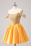 Cute Yellow A Line Off The Shoulder Corset Homecoming Dress with Beading