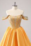 Cute Yellow A Line Off The Shoulder Corset Homecoming Dress with Beading