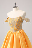 Cute Yellow A Line Off The Shoulder Corset Homecoming Dress with Beading