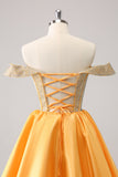 Cute Yellow A Line Off The Shoulder Corset Homecoming Dress with Beading