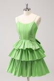 Cute Green A Line Spaghetti Straps Corset Tiered Ruffle Homecoming Dress with Bow