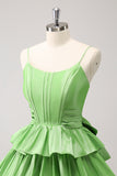 Cute Green A Line Spaghetti Straps Corset Tiered Ruffle Homecoming Dress with Bow