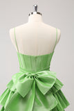 Cute Green A Line Spaghetti Straps Corset Tiered Ruffle Homecoming Dress with Bow