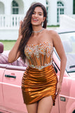 Glitter Copper Tight Strapless Corset Pleated Short Metallic Homecoming Dress with Beading