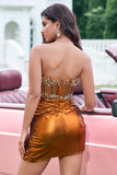 Glitter Copper Tight Strapless Corset Pleated Short Metallic Homecoming Dress with Beading