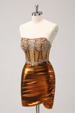 Glitter Copper Tight Strapless Corset Short Metallic Homecoming Dress with Beading