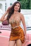 Glitter Copper Tight Strapless Corset Pleated Short Metallic Homecoming Dress with Beading