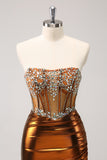 Glitter Copper Tight Strapless Corset Short Metallic Homecoming Dress with Beading