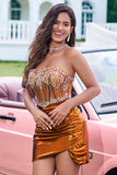 Glitter Copper Tight Strapless Corset Pleated Short Metallic Homecoming Dress with Beading