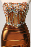 Glitter Copper Tight Strapless Corset Short Metallic Homecoming Dress with Beading