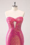 Sparkly Fuchsia Bodycon Strapless Hollow Out Sequins Short Homecoming Dress with Slit