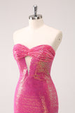 Sparkly Fuchsia Bodycon Strapless Hollow Out Sequins Short Homecoming Dress with Slit