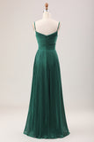 Dark Green A-Line Spaghetti Straps Pleated Chiffon Long Bridesmaid Dress